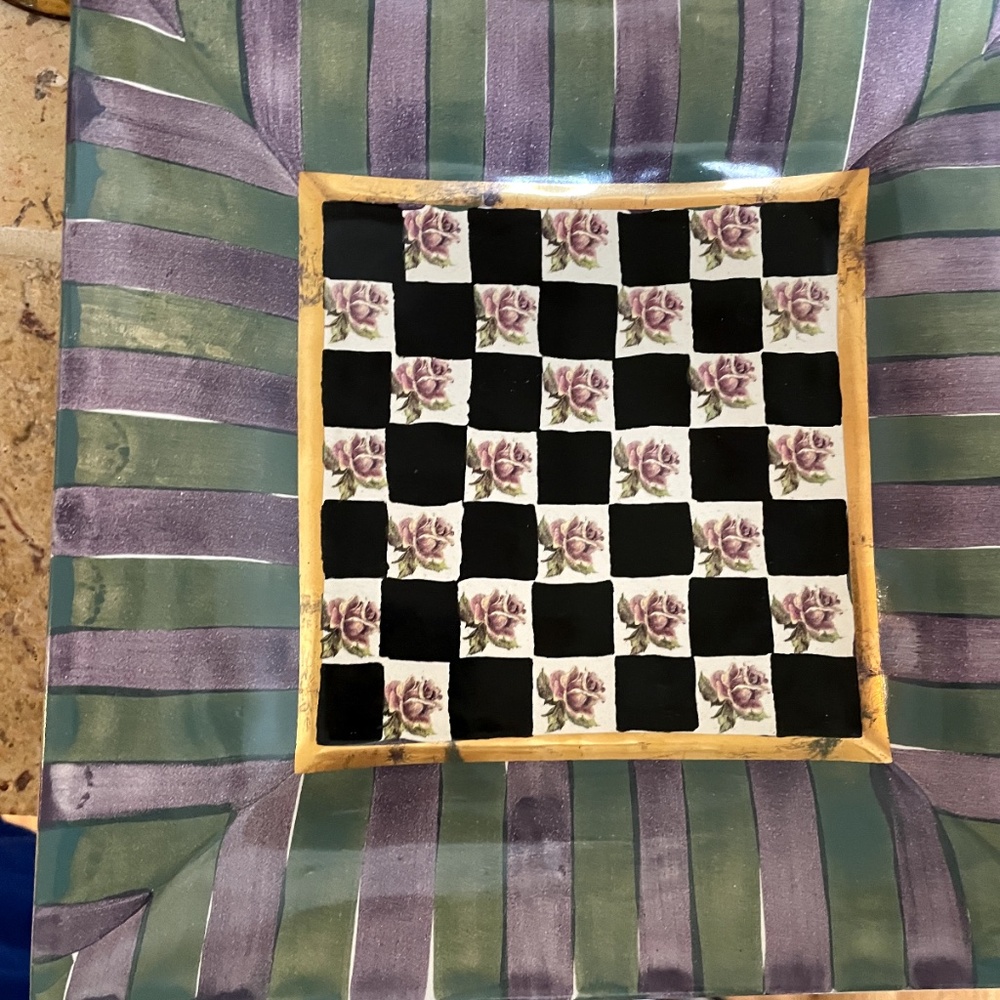 Mackenzie Childs Kelp & Urchin Square Bowl Green Purple Stripe Rose Black Check